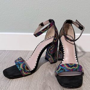 Betsey Johnson Multicolor Beaded Ankle Strap Block Heels